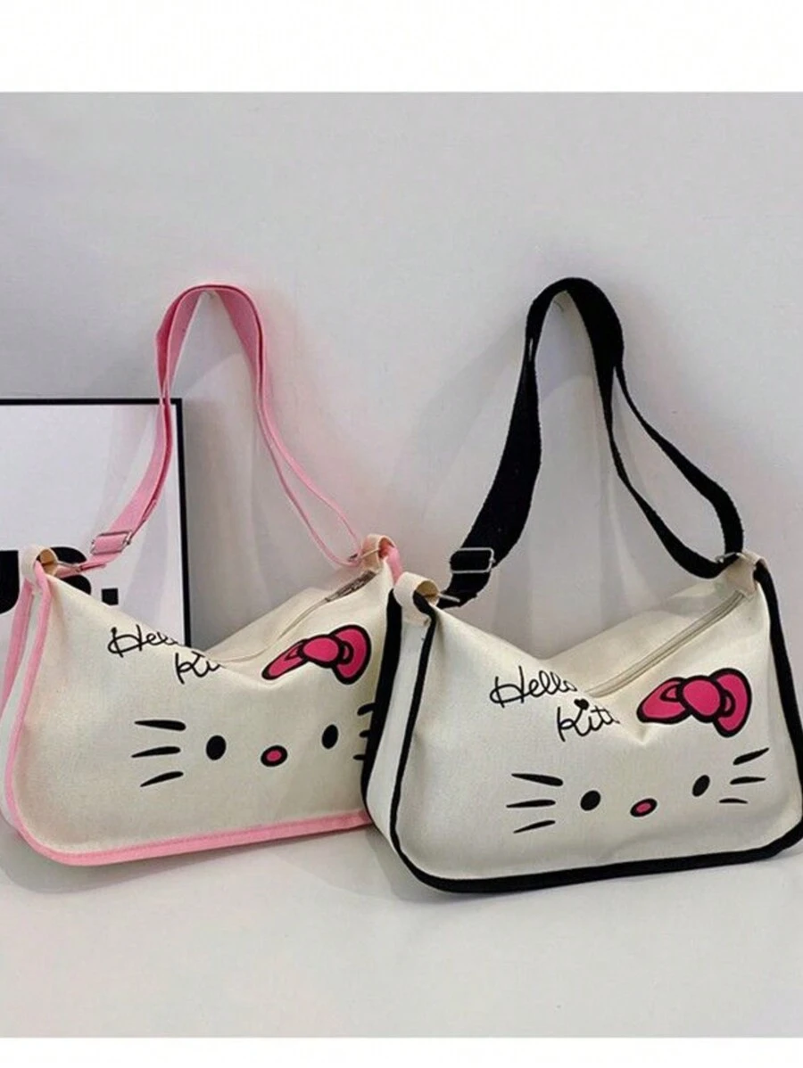 Sanrio 1 Borsa in tela con stampa di Hello Kitty, borsa a tracolla, borsa a tracolla, zaino di grande capacità per studenti di scuola elementare e media, borsa scolastica, portatile, pieghevole, di grande capienza, adatta per ragazze adolescenti, donne, studenti universitari