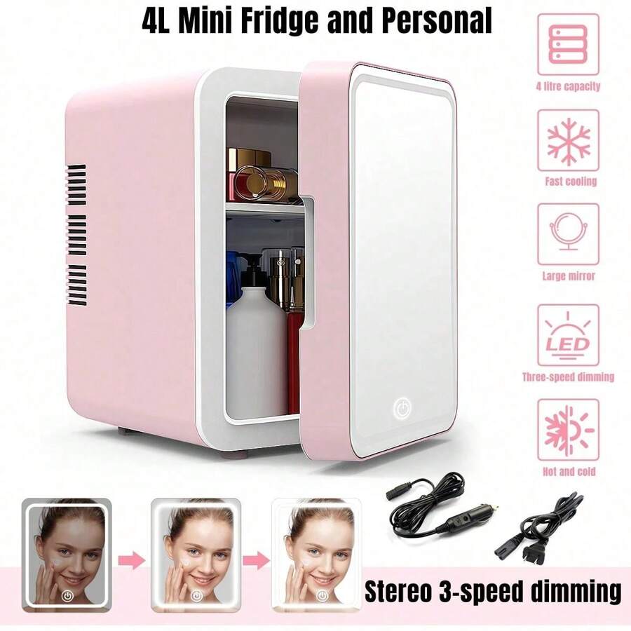 SOKANY Mini nevera para cuidado de la piel de 4L con luz LED regulable, espejo, enfriador y calentador para refrigerar maquillaje y alimentos, mini nevera portátil para uso en dormitorio, oficina y automóvil