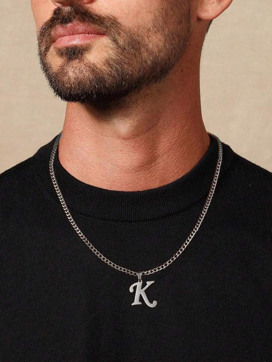 Initial Letter A-Z Stainless Steel Pendant Necklace, Suitable For Men And Women, Gold/Silver Plated Cuban Chain Initial Necklace, Male Jewelry Gift For Christmas, New Year Holiday