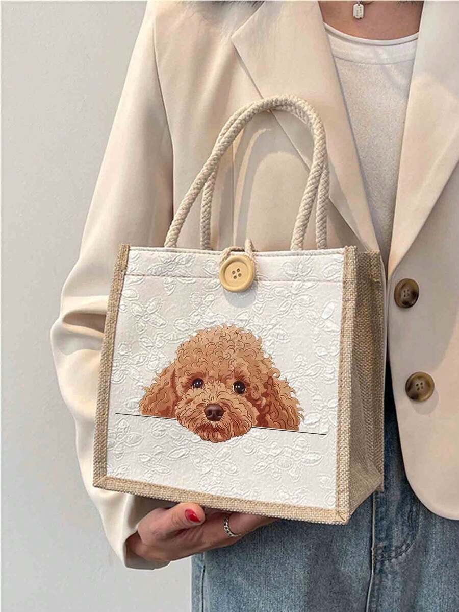 Chic Poodle Print Linen Tote Bag, Reusable Printed Women'S Tote Bag, Double Handle Shopping School Bag, Large Capacity Shoulder Bag, Casual Tote Bag, Suitable For Commuting, School And Shopping, Convenient For Outdoor Use, Gift For Friends And Besties, Teacher Gift, Perfect Choice For Vacation And Festival, Best Teacher,Suitable For Mother's Day, Wedding Season, Graduation Season,Gifts For Family And Friends,Love You Mom