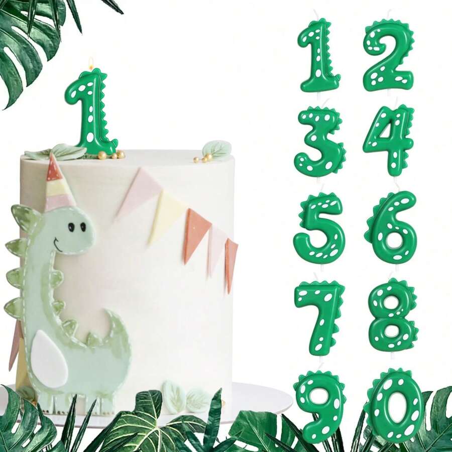 1pc/10pcs Dinosaur Birthday Candle 0-9 Green Number Cake Top For Dinosaur Theme Party Decoration
