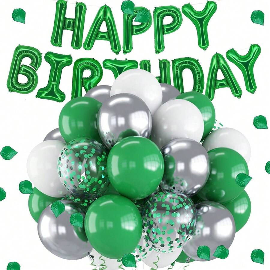 Red &Green Happy Birthday Latex Balloons - 16 Inch Happy Birthday Banner, 1000 Pcs Artificial Silk Rose Petals For Emerald Green Birthday Decorations St. Patrick's Day Decoration Wedding Party Valentine's Day Decor