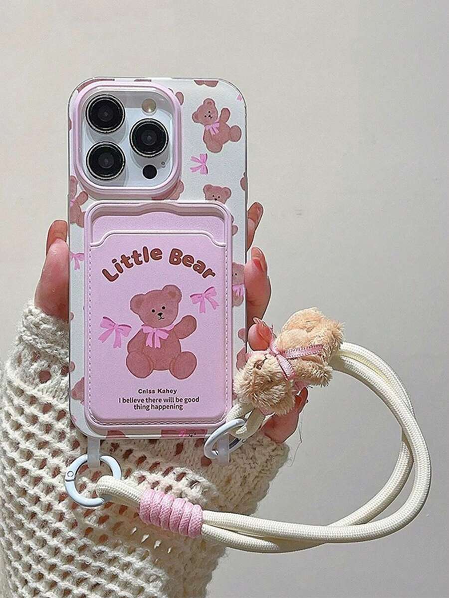 Cute Strawberry Bow Bunny Card Holder Phone Case With Lanyard, Compatible With IPhone 16 Pro Max/IPhone 14, New IPhone 12, 15, 14 Pro, 13 Pro Max, Soft Protective Anti-Fall Phone Cover