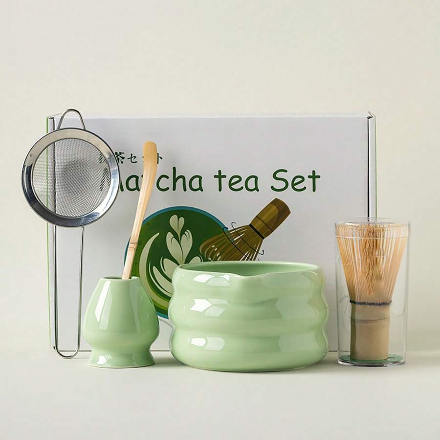 Set de té matcha de 4/5 piezas, tazón verde claro, juego de batidor de matcha, tazón de cerámica con vertedor para comenzar con el té matcha tradicional, para el hogar, restaurante, salón de té, fiesta de té, accesorios de té, de vuelta a la escuela