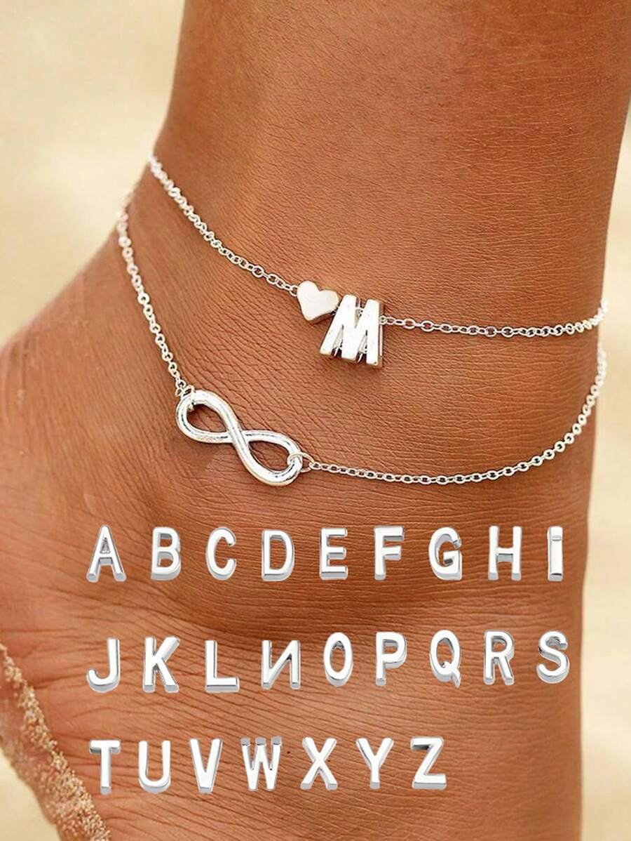 1 pieza Tobillera versátil minimalista de moda con decoración de corazón, letra, símbolo del infinito de doble capa, estilo casual nuevo adecuado para mujeres para uso diario, fiestas, banquetes, citas, como regalo