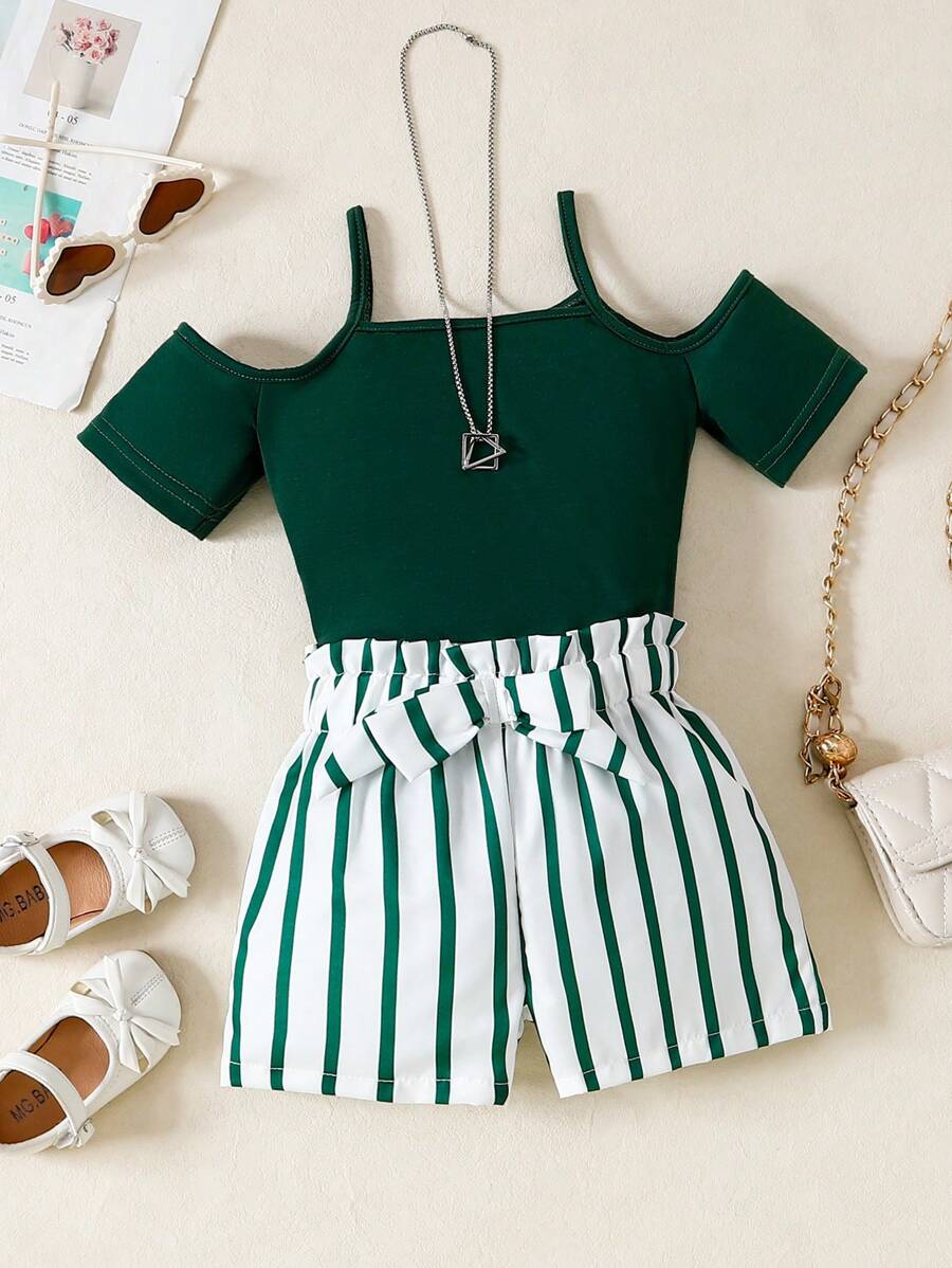 Set de 2 piezas: Shorts a rayas + Top de hombros descubiertos: Conjuntos casuales de verano para niñas dulces para vacaciones y actividades al aire libre