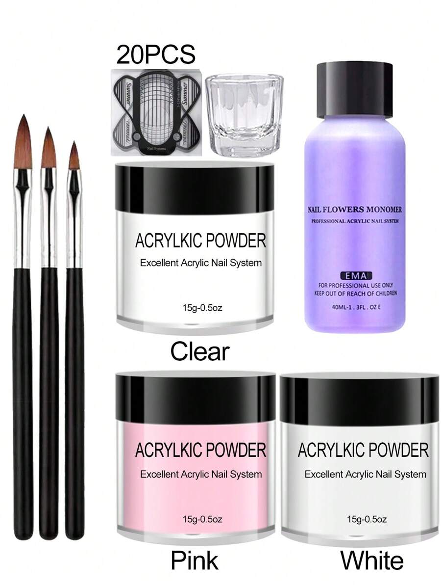 15 g Acrylpuder Nagel-Set, Acrylpuder und Flüssigkeit Set für Nägel, Kristall Flüssigkeit Set mit 3D Glitzer Nagelpinsel, rosa, weiß, klar Nagelpuder Set, für Anfänger zum Selbermachen Zuhause mit Acrylnagelpinsel.