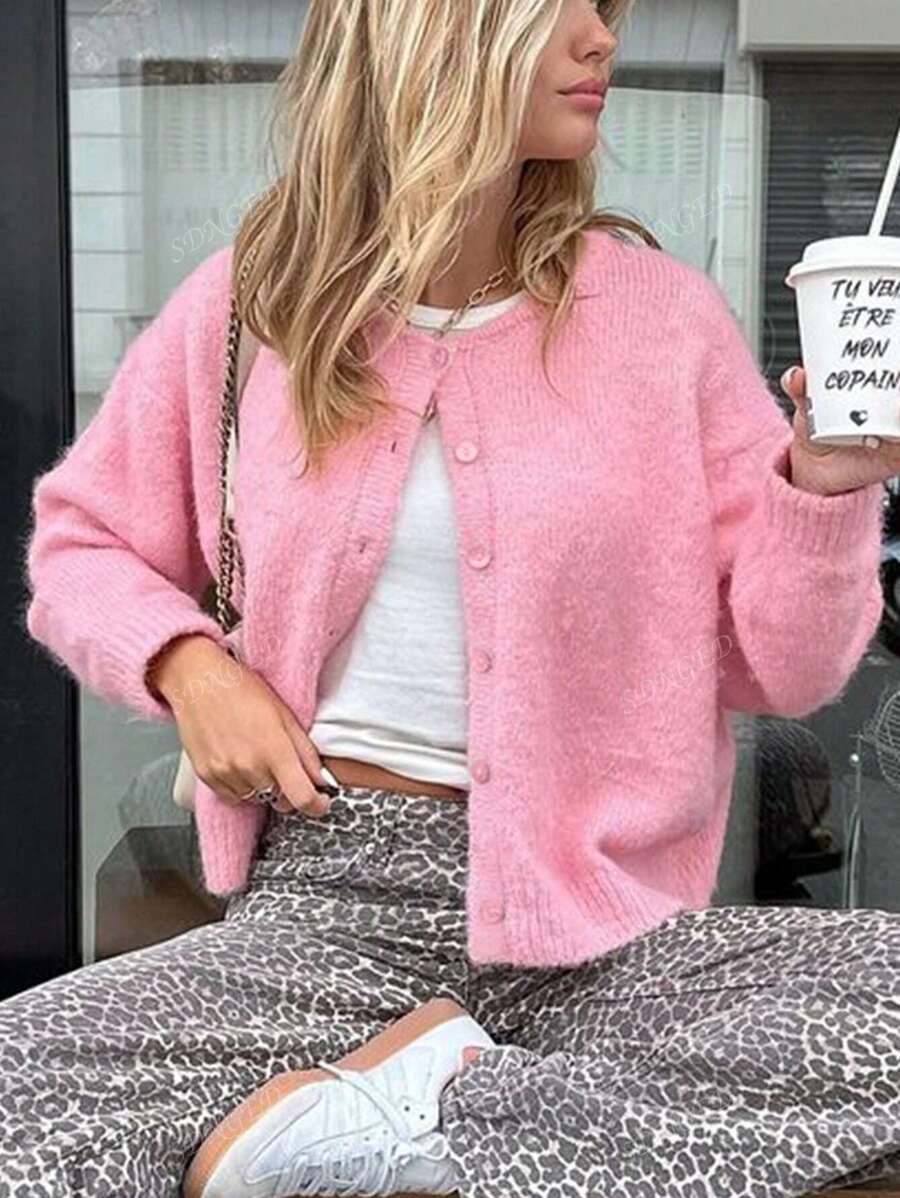 Women's Casual Solid Color Single-Breasted Cropped Cardigan Sweater