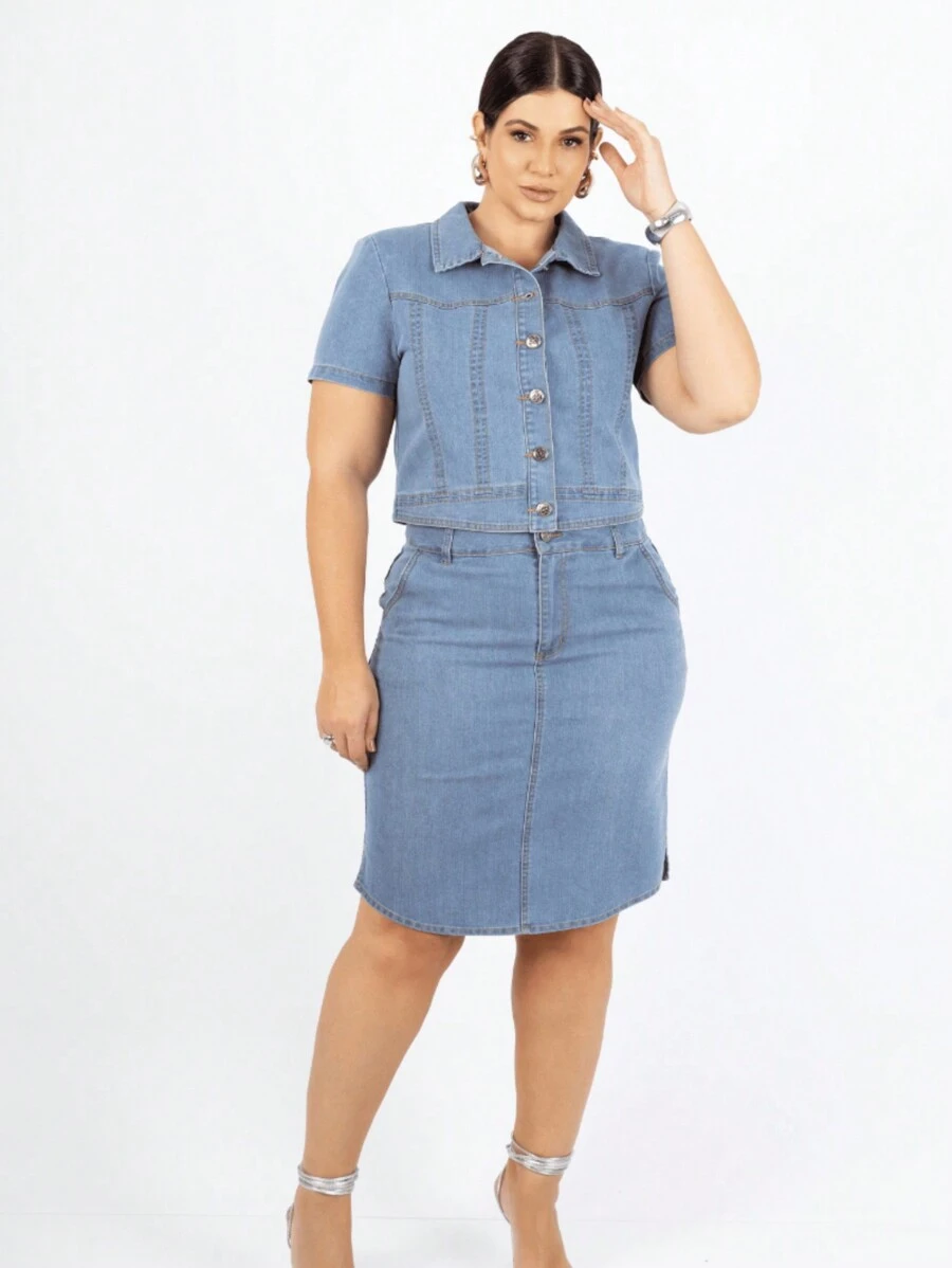 Saia Jeans Rosineia Curta Barra Arredondada Curvy Plus Aline Meneghetti
