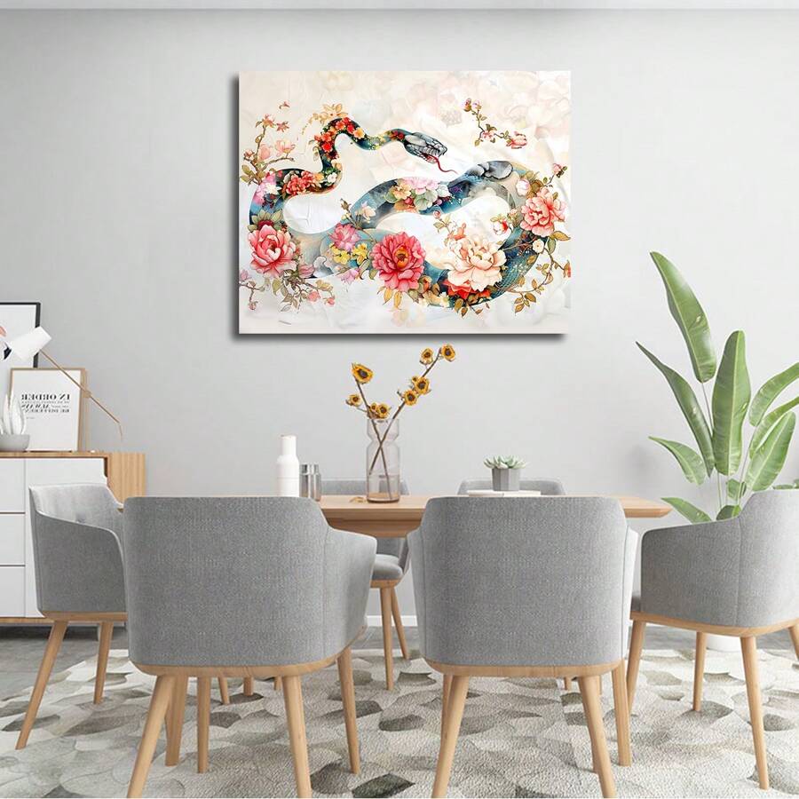 1pc Framed Canvas Wall Art Floral Snake Canvas Prints Picture Bedroom Home Office Modern Poster Canvas Wall Art For Room Decor Aesthetic Wall Decor Ready To Hang