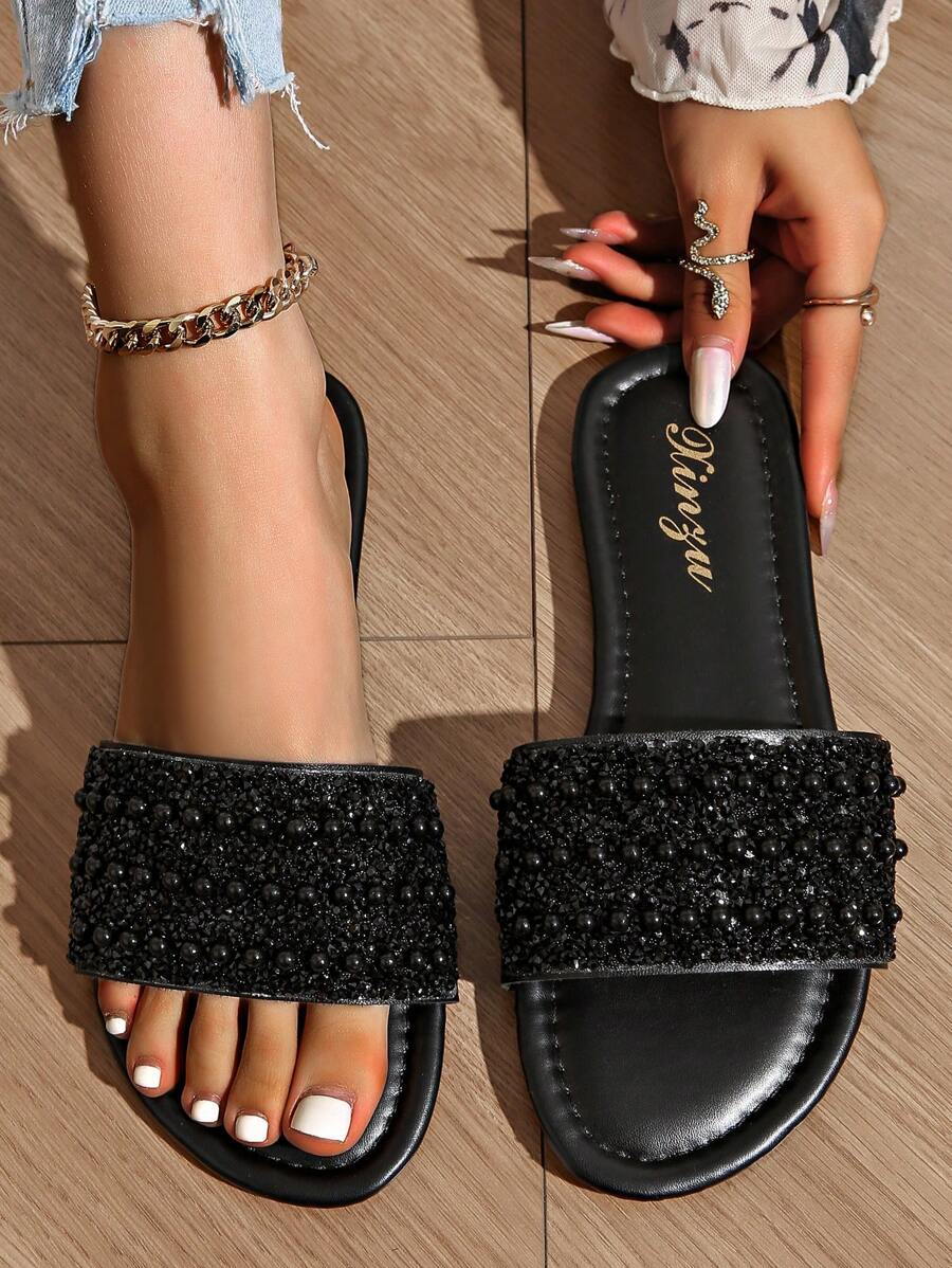 Plus Size Women Flat Sandals, Vacation Casual Versatile Rhinestone Decorated Slide Slippers For Summer