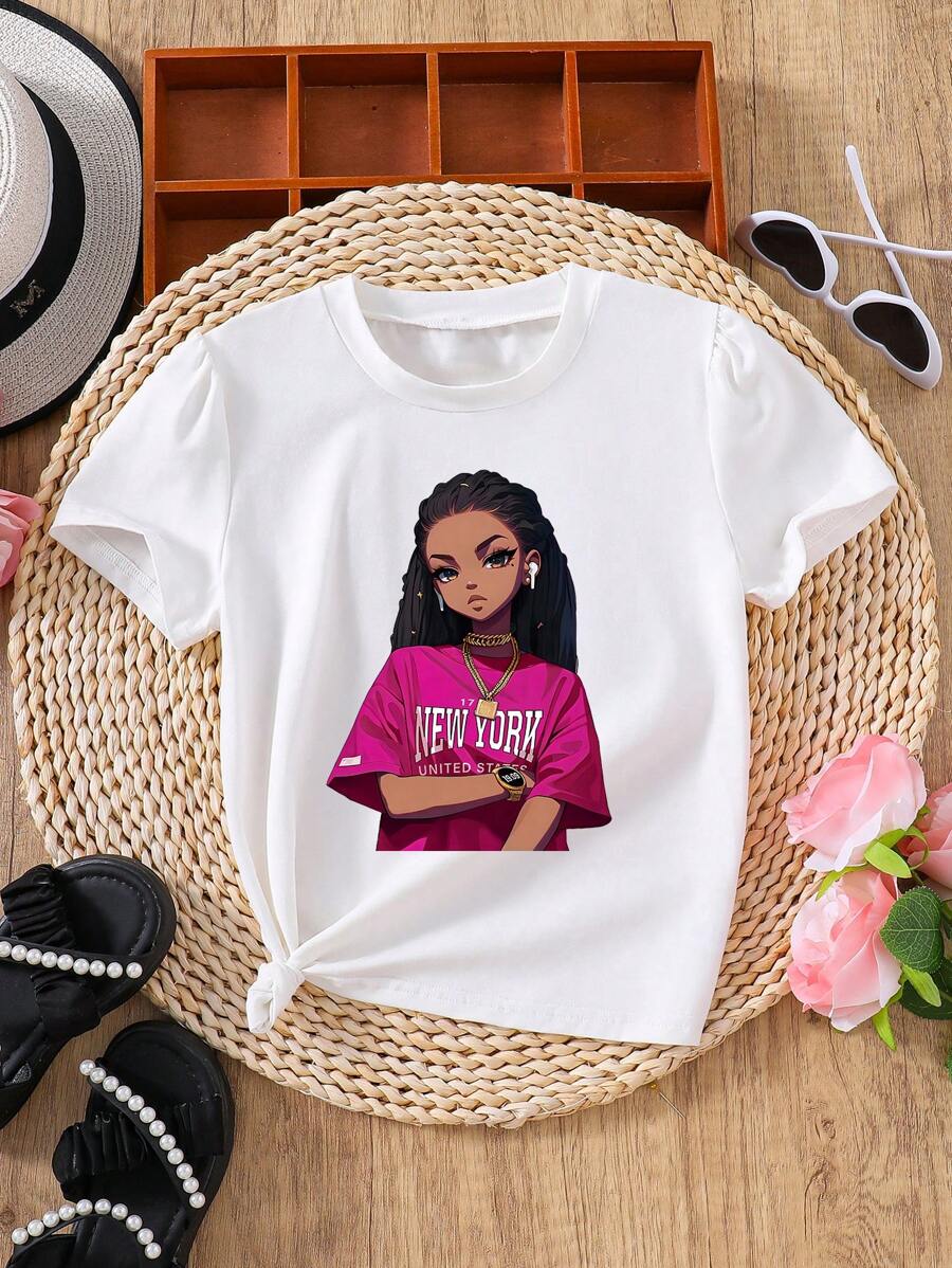 Tween Girls Cartoon Character Print Short Sleeve Casual T-Shirt