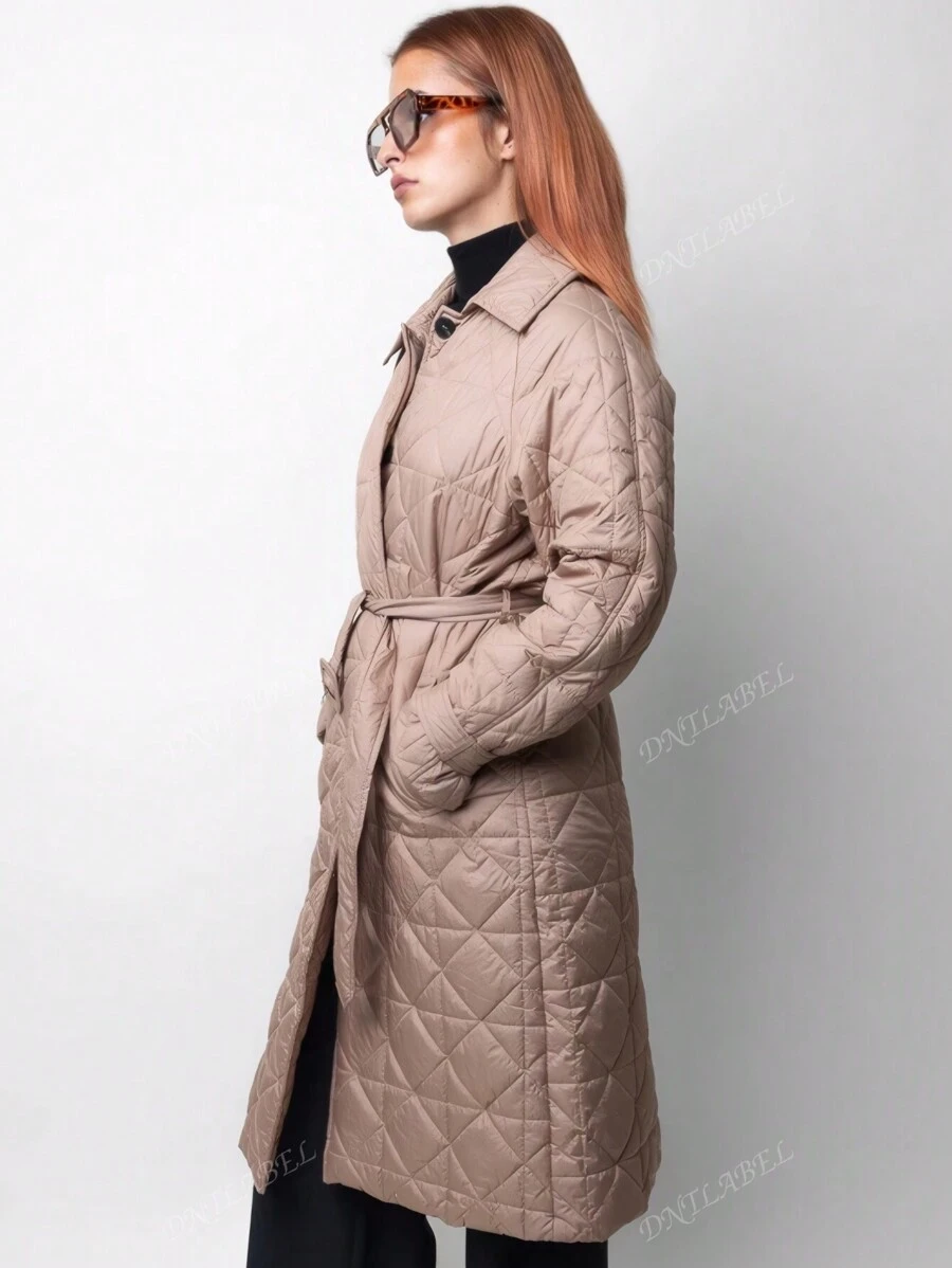Veste longue et légère pour femme – Manteau doudoune au design géométrique et de couleur unie, manteau ceinturé avec poches et boutons, décontracté, élégant et polyvalent, parfait pour un usage quotidien, le travail, l'école, les sorties automne/hiver.