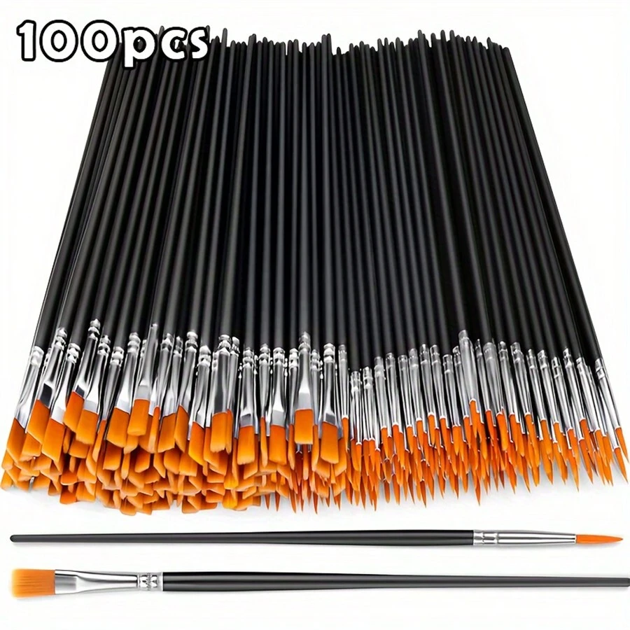 100pcs Black Nylon Hair Acrylic Paint Brushes With Flat And Round Tip, Suitable For Oil Painting, Watercolor, Face Art, Professional Set For Crafters, Acrylic, Oil, Watercolor, Canvas, Rock Art, Nail Art - Ideal For Artists And Hobbyists