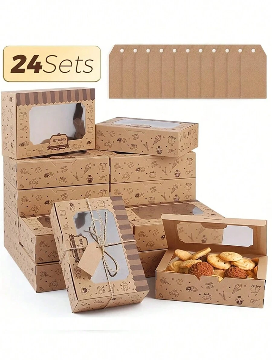 24 unidades Cajas de cartón para hornear galletas con ventana, cajas de regalo dulces con cinta y pegatinas, caja de postre de pajitas de chocolate, empaque de regalo de pastel de papel
