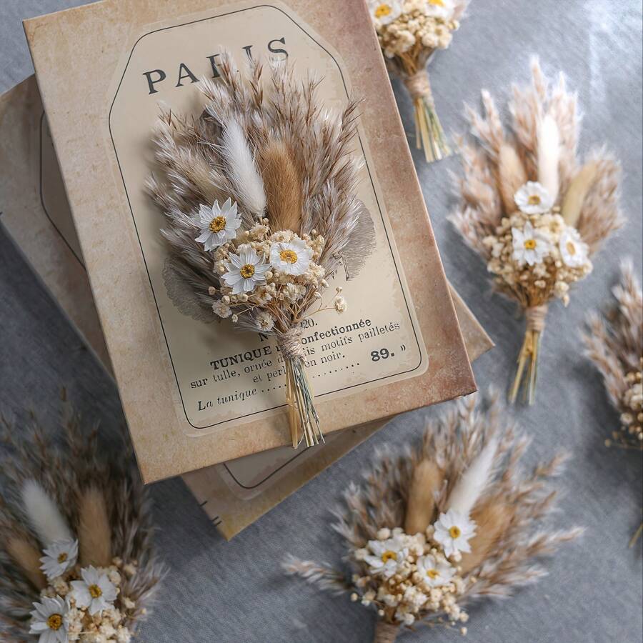 1pc Bohemian Floral Decor Set - 7.1 Inch Boho Flower Bunch With Bunny Tails Grass And Baby's Breath, Great For Wedding Center Pieces, Boutonnieres, Proposing Decor, Birthday Gift, Wall & Vase Decoration