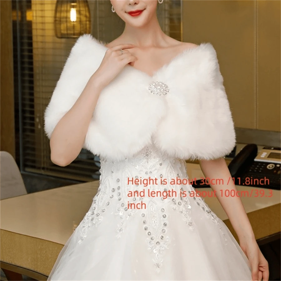 1 Stück vielseitiger, langer, warmer Kunstpelzschal in Weiß als Braut-Cape für den Winter, moderner neuer Braut-Hochzeitskleid-Schal und Umhang, dicker, warmer Schal mit Strass-Riemen