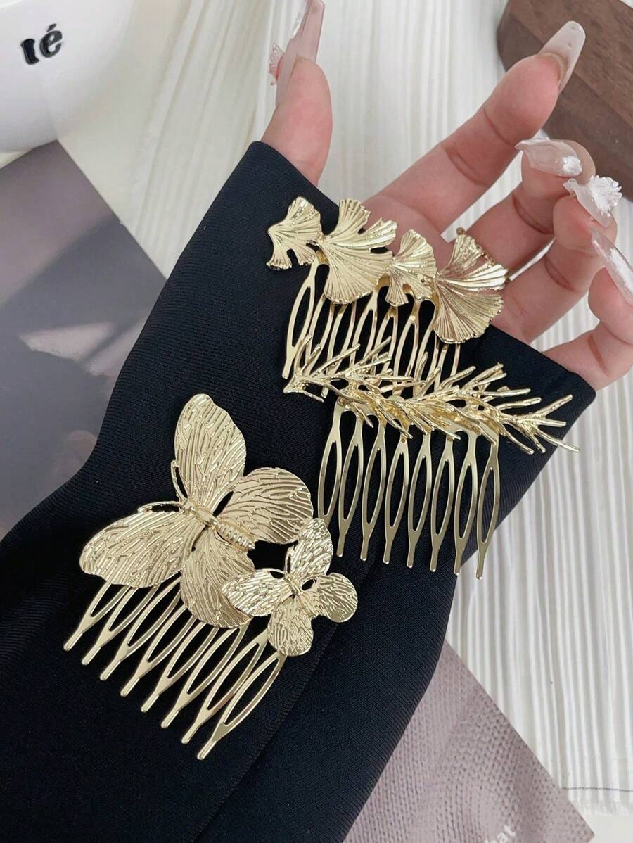 3 piezas Elegantes Pasadores de Cabello Casuales de Aleación de Zinc con Mariposas y Ramas Brillantes, Accesorios para el Cabello, Diademas de Boda, Regalos para Ella, Peines Laterales, Peines para el Cabello, Artículos Escolares