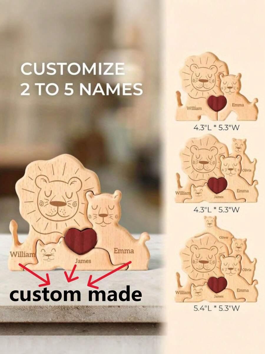 1pc Customized Wood Cute Lion Shaped DIY Puzzle Craft Decor, Laser Engraved Printed Name, Unique Family Puzzle Customized Souvenir, Suitable As , Valentine's Day Gift Gifts Birthday Graduation