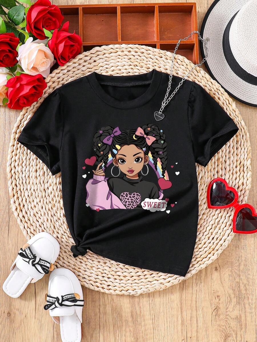 Tween Girls Casual Cartoon Pattern Printed Short Sleeve T-Shirt