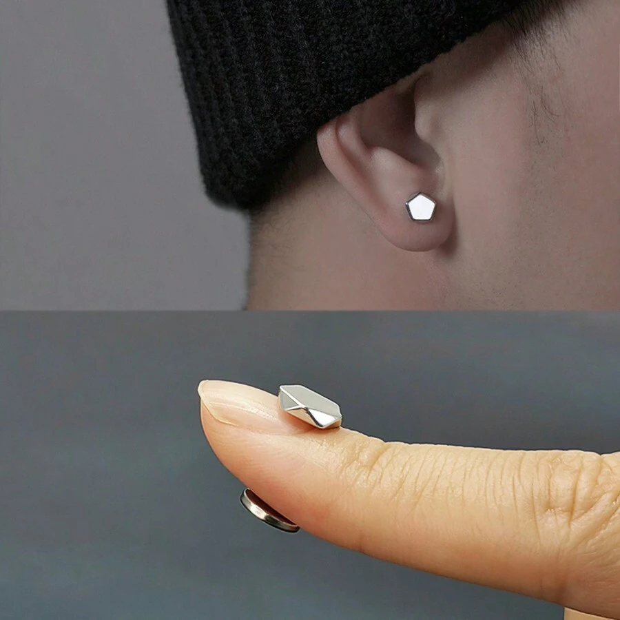 1 Piece Black & Silver Clip-On Earrings, Magnet Stud Earrings, Geometric Design, Free-Choice, Non-Pierced Unisex Earrings, Hipster Accessories