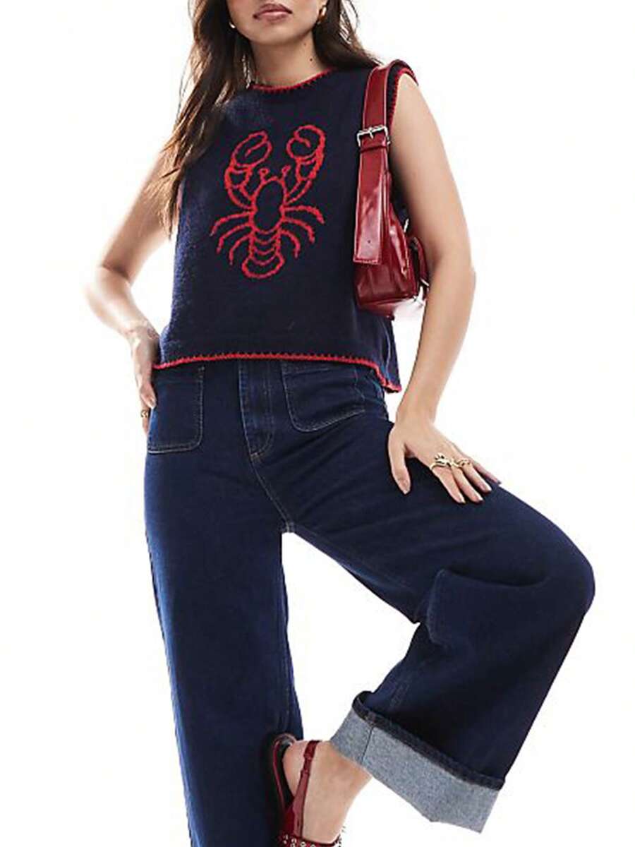 Womens Stylish Ribbed Knit Sweater Vests Cherry Lobster Contrast Hues Sleeveless Crew Neck Slim-Fitting Tank Tops