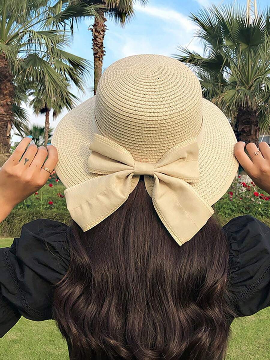Dames lente/zomer brede rand zonnehoed, Koreaanse stijl veelzijdige zonbescherming strandhoed met strik, casual elegante outdoor strohoed, polyester, effen kleur