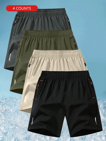 4pcs Men's Spring/Summer Outdoor Sports Fitness Versatile Drawstring Reflective Stripe Thin Breathable Shorts