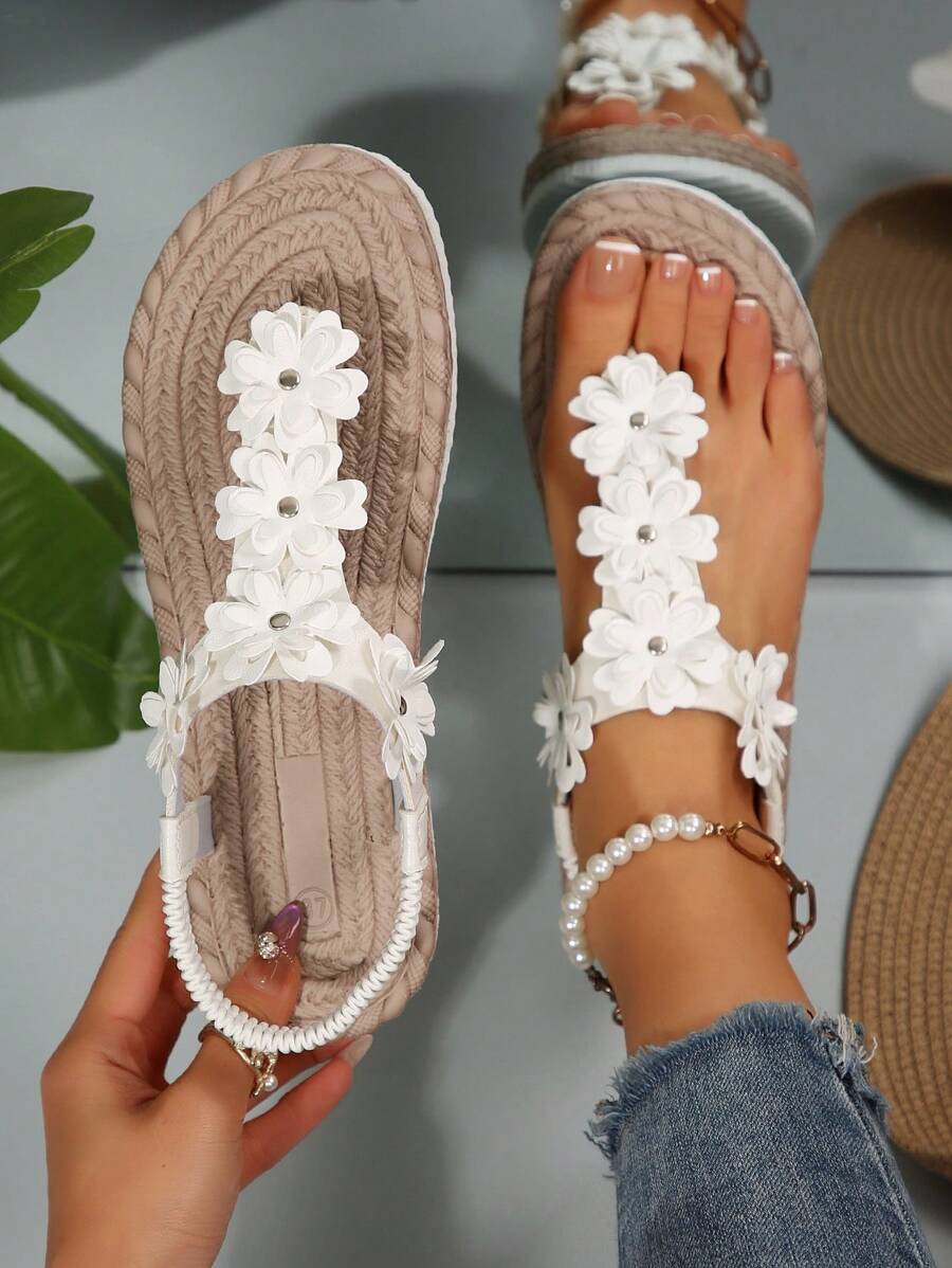 New Flat Heel Flat Women's Sandals, Ditsy Floral Decor T-Strap Slip-On Flat Sandals, European & American Style