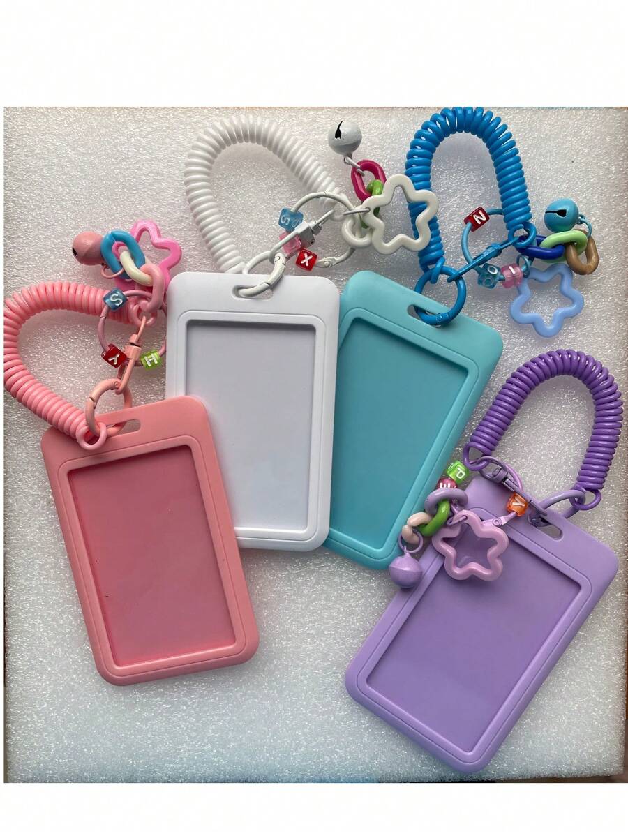 1pc Plain Color Card Holder, Macaron Colored Sliding Cover Plastic Material, Creative Hollow Five-Pointed Star Keychain Card Holder For School/Campus Card, Credit Card, ID Card, Bus Card, Gift For Friends, Suitable For Students,School Supplies,Back To School