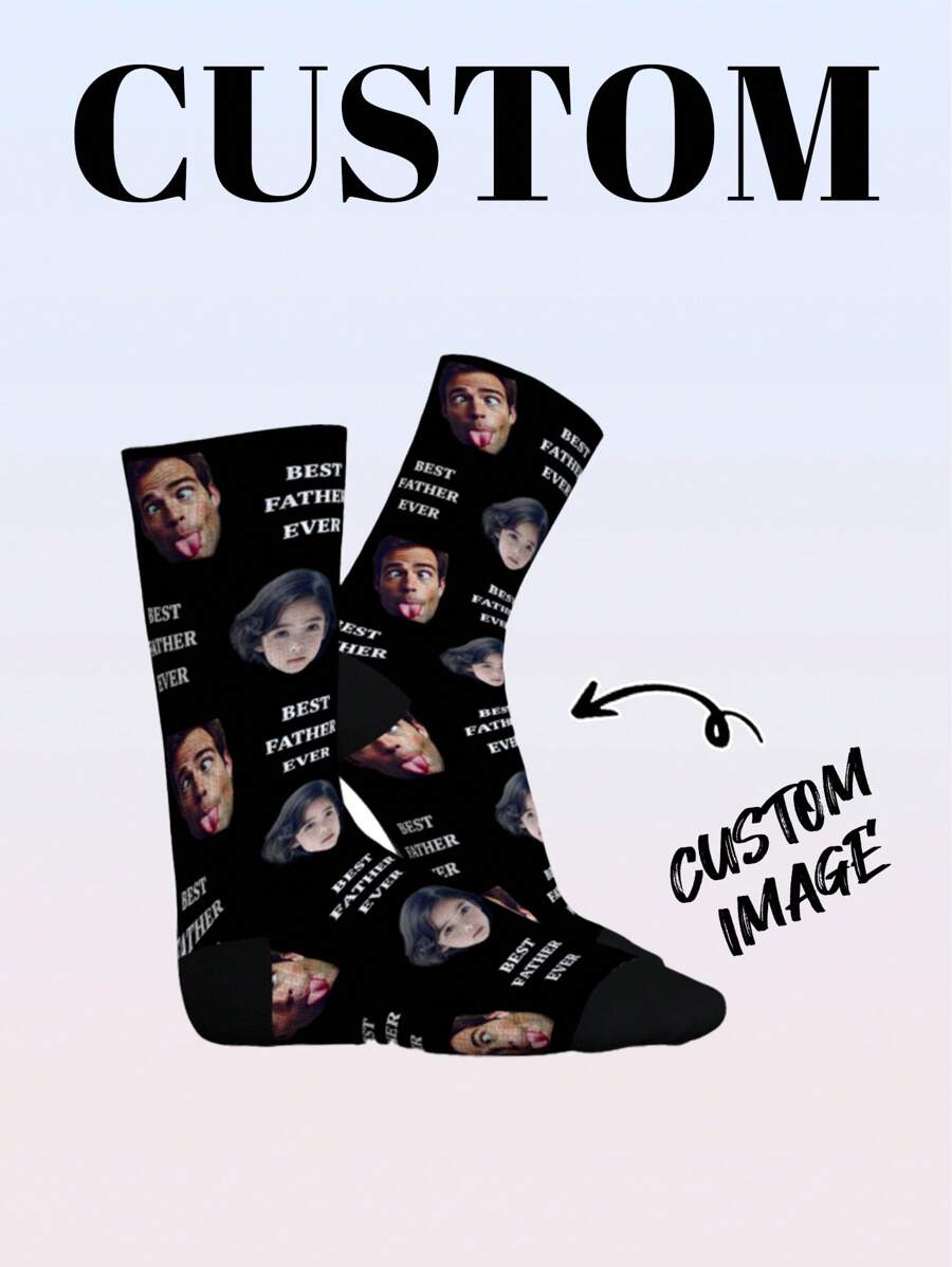 Un par de calcetines de media pantorrilla personalizados para hombres con impresión de rostro y texto. Calcetines personalizados con la impresión "Mejor padre de todos" y foto, calcetines personalizados divertidos para pareja como regalo para el Día del Padre o cumpleaños