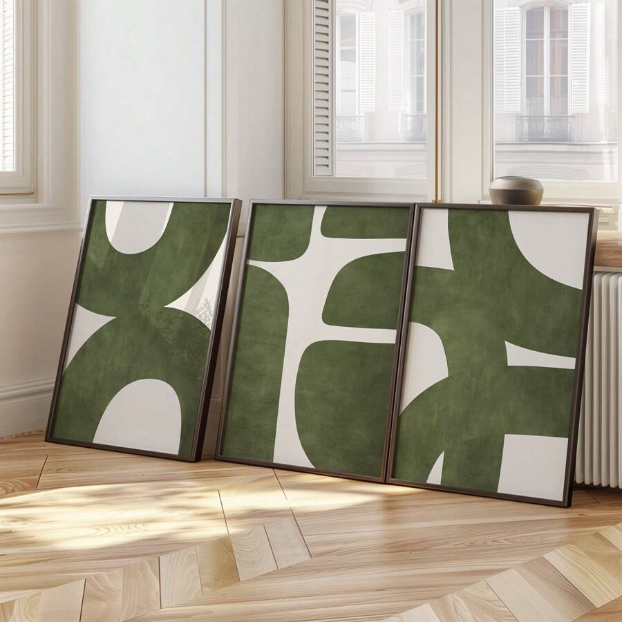 Set Of 3 Mid-Century Green Modern Minimalist Wall Arts Prints, Abstract Gallery Canvas Posters, Retro Wall Decor, Spring Decor, Easter Gift For Living Room, Bedroom, Kitchen, Cafe, Bar, Office, Hallway, Home And Room Decor Artwork, Unframed Gifts Birthday Graduation