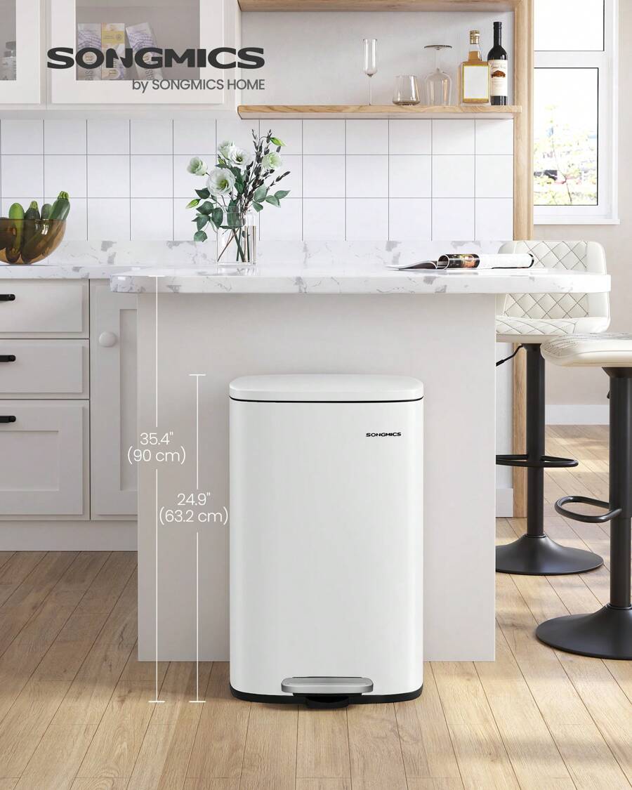 SONGMICS Kitchen Bin 50L, Pedal Bin For Kitchen, Rubbish Bin, Soft Close, Step-On Pedal, Steel, Inner Bucket, White