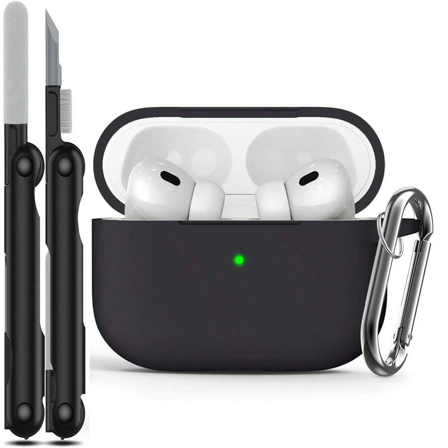 1 pieza Estuche protector de silicona de unicolor para AirPods con mosquetón de escalada y cepillo de limpieza