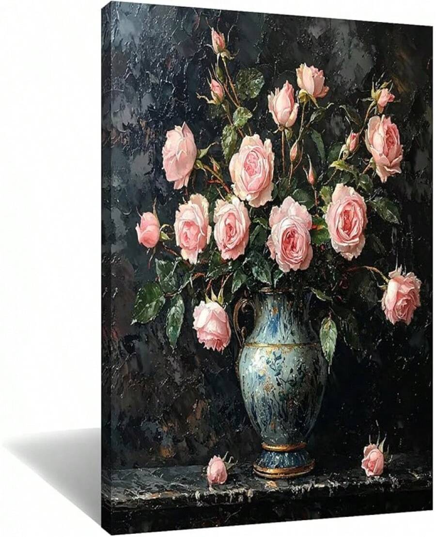 Vintage Flower Canvas Wall Art Home Decor Roses Wrapped Canvas Print Classical Dark Pink Floral Picture Painting Artwork For Bedroom Bathroom Framed Wooden Wall Decoration Ready To Hang 12x18inch(Framed Wrapped Canvas)