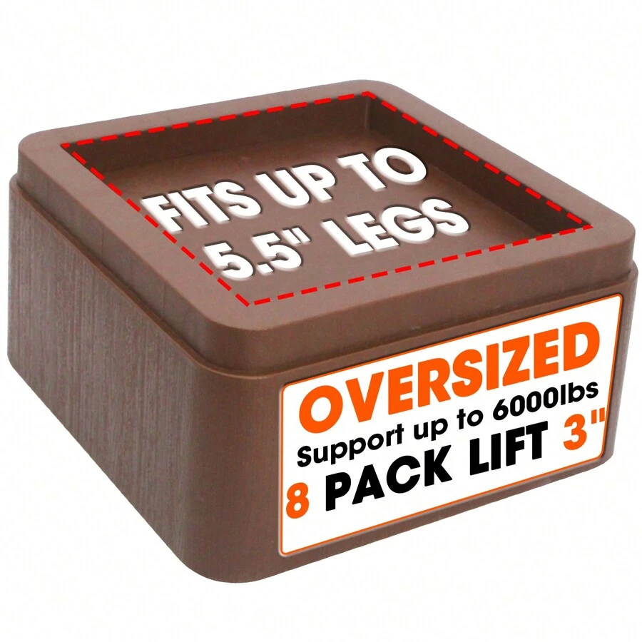 8 Set Bed Risers 3inch, Adjustable Furniture Risers, Heavy Duty Oversized Bed Legs Risers, Up To 6000 Lbs-Table Leg Extenders, Bed Table, Chair, Desk, Sofa (Brown 8 Pack)