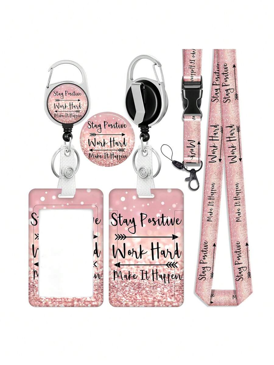Retractable Badge Holder With Inspirational Quotes ID Name Tag Worker Badge Carabiner Clip Pink Retractable Badge Reel With Detachable Lanyard - Motivational Quotes ID & Key Holder Vertical Card Protector For Main Office Doctor Nurse Teacher Women Students & Professionals For Women Wallet Keychain Card Wallet