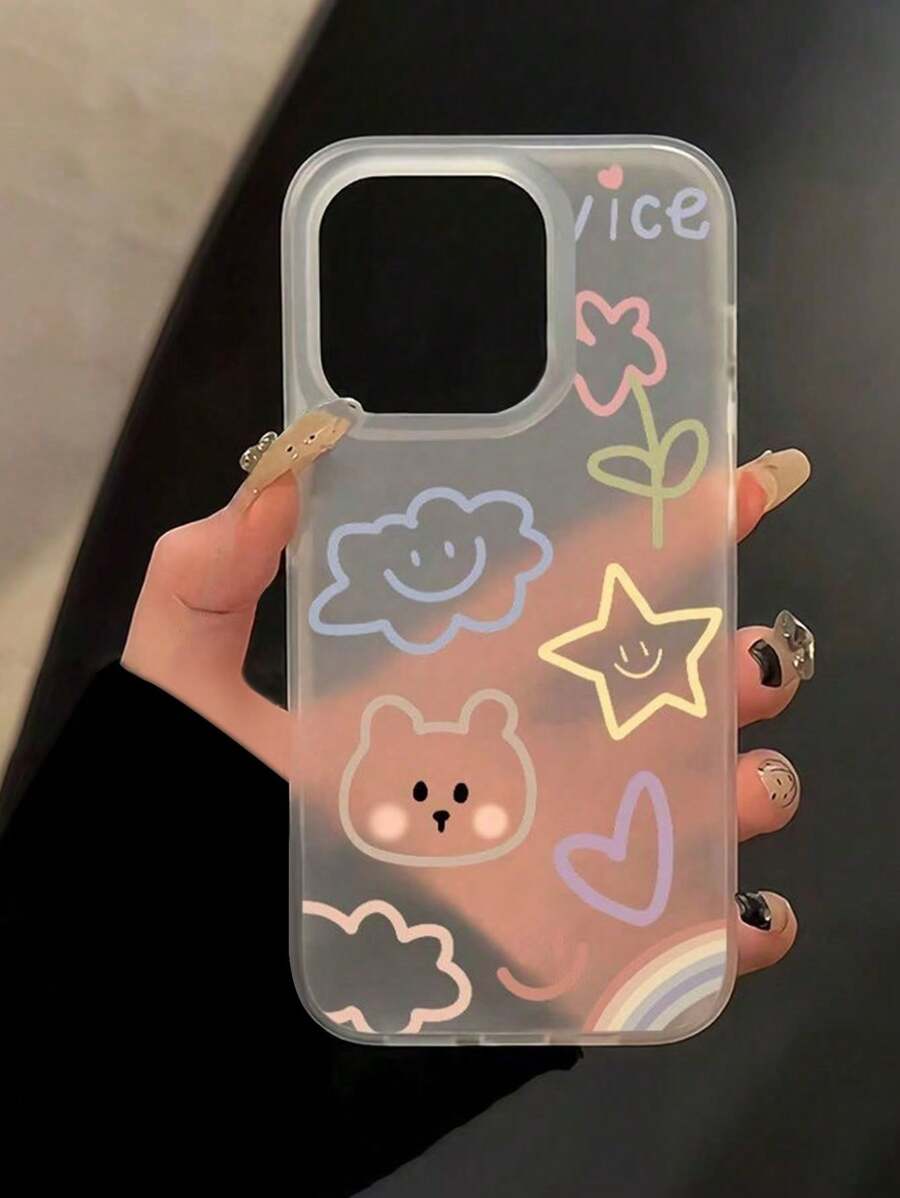 Funda protectora de TPU con diseño de manzana, arcoíris, nube y oso, compatible con iPhone 16/15/14/13/12/11/X/XR/XS/MAX/6/7/8/Plus, a prueba de golpes y resistente a arañazos, con correa con colgante y patrón brillante de corazón y flor