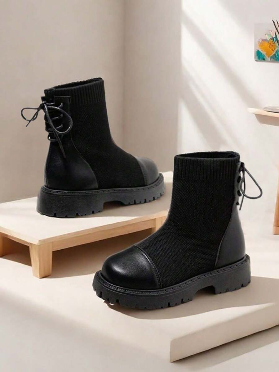 Girl's Lightweight Soft Sole Black Mid-Calf Knit Boots, Suitable For Spring, Autumn, All Seasons Wear