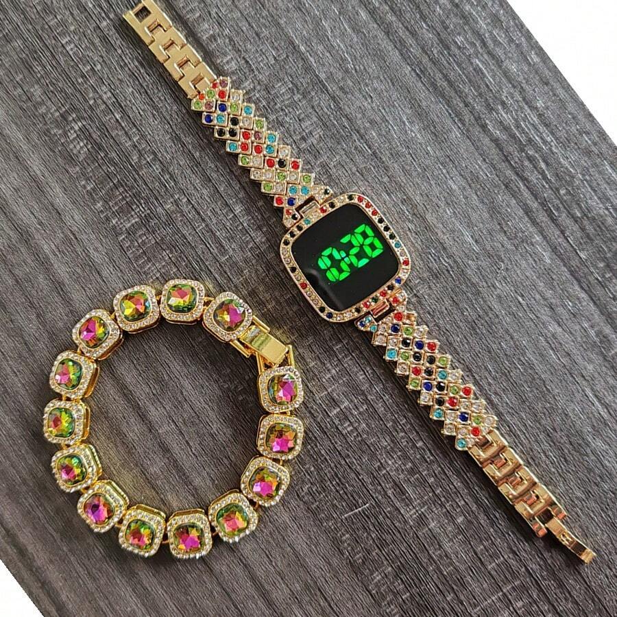 2pcs/Set Hip Hop Fashion Watches, Women's Metal Band LED Rhinestone Quartz Wrist Watch & Bracelet Set, Square Shape Rhinestone LED Watches, Wholesale Factory Supply Stylish Touch Wrist Watches, Rhinestone Bangle Bracelet Sets