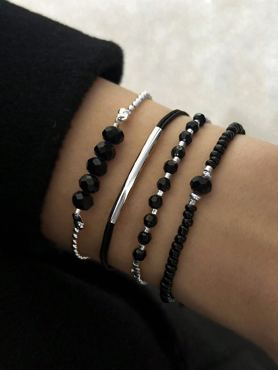 4 Pcs/Set Fashion Black Crystal Handmade Beads Bracelets Set For Women,Fashionable Vacation Party Jewelry Gifts