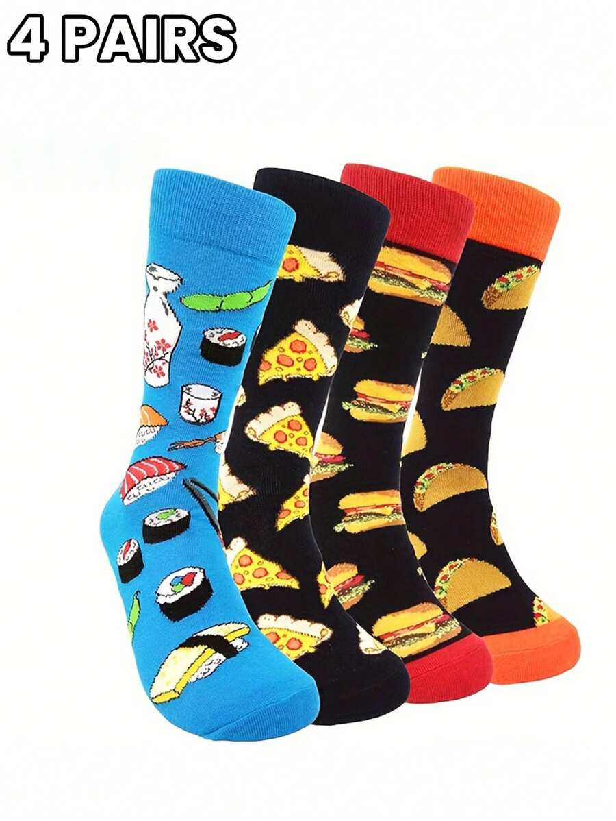 4 Pairs Of Delicious Food Printed Socks Comfortable Breathable Mid-Tube Socks Fun Socks For Everyday Wear