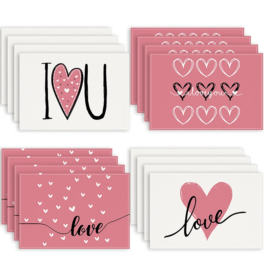 1pc/4pcs/6pcs Pink Heart Shape Placemats, I Love You Linen Woven Table Mats, Heat Resistant, Square, Machine Washable, Home And Dining Decoration For Valentine's Day