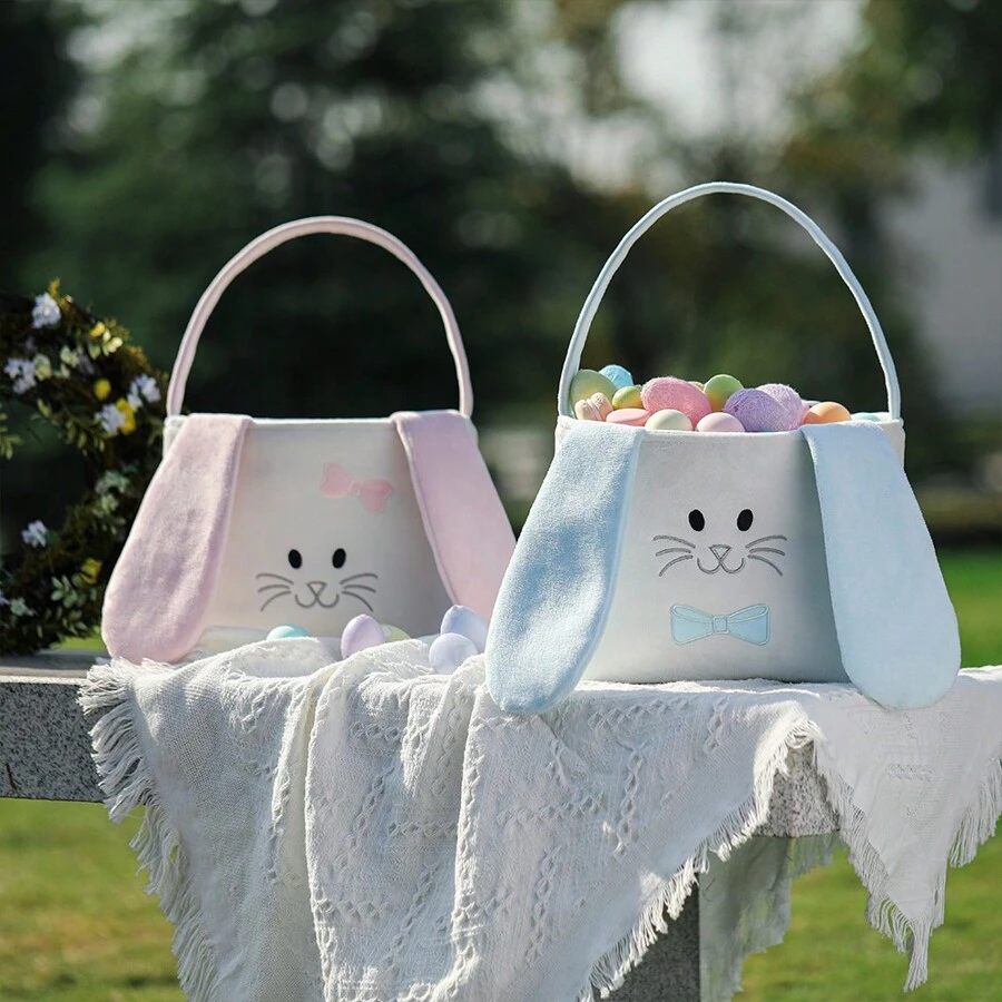 1pc Easter Baskets Easter Egg Hunt Baskets, Cute Rabbit Bunny Printed Gift Basket, Easter Decorations Party Supplies