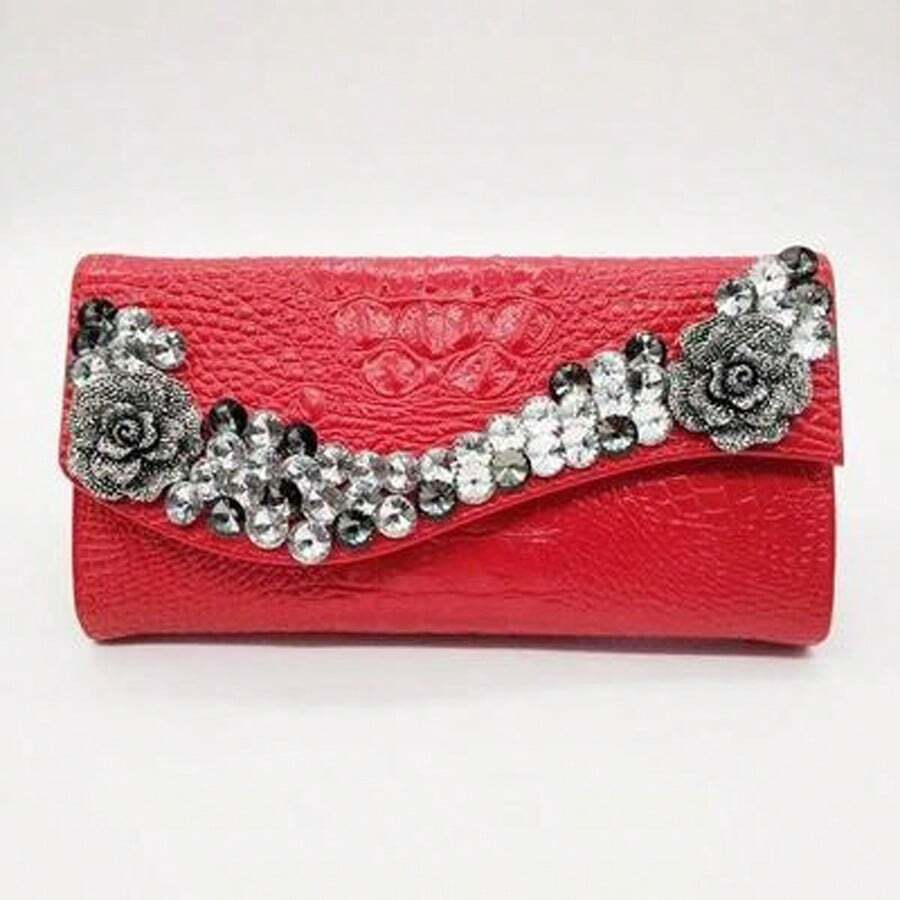 Elegant Women's Handbag With Diamond Handmade Flower Temperament Dinner Bag High-Grade Fashion Crocodile Pattern Ladies Shoulder Chain All-Match Messenger Bag