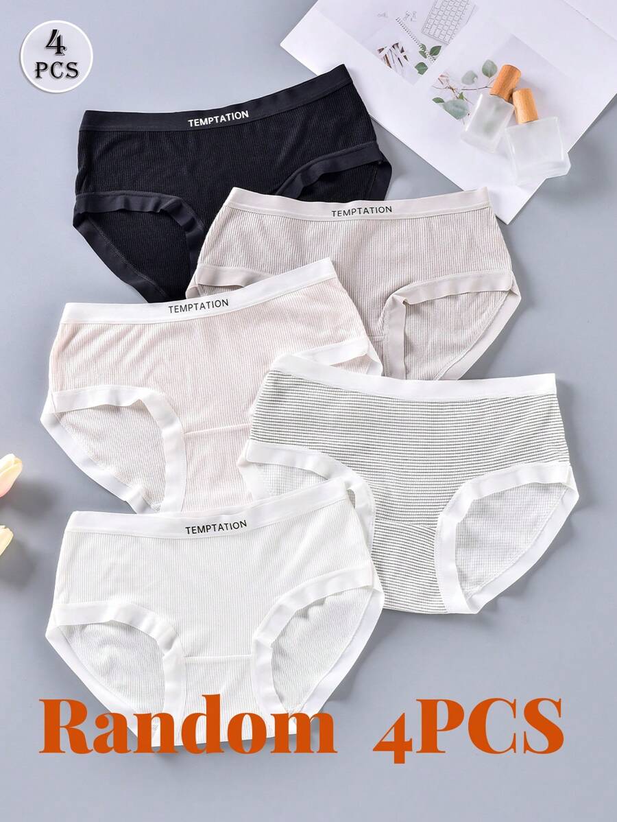 4pcs Random Color Women's Briefs Japanese Letter Simple Solid Color Mid Waist Comfortable Hip Girl Basic Sexy School Black Panties Ladies Underwear