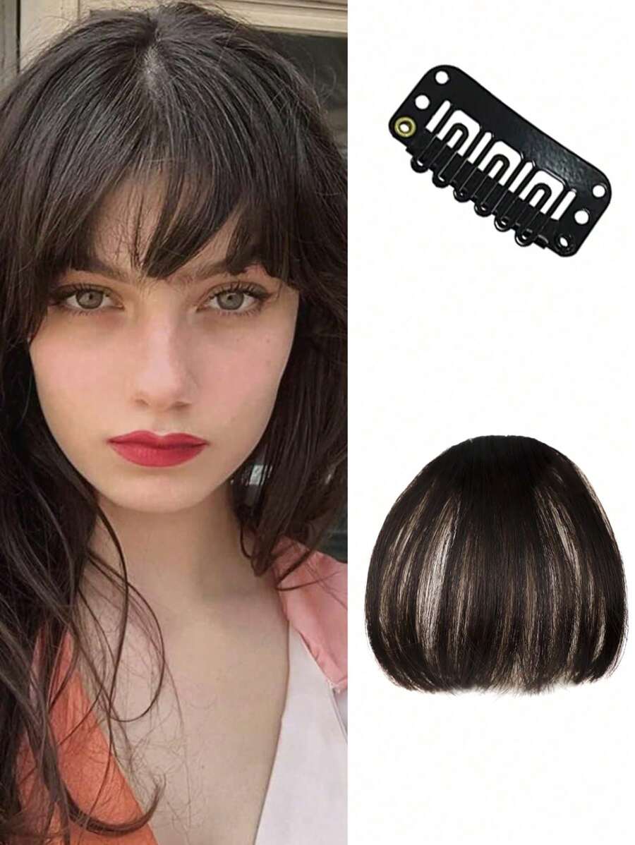 Flequillo sintético de 6 pulgadas, Clip invisible para flequillo frontal marrón, Flequillo natural negro para peluca de niña