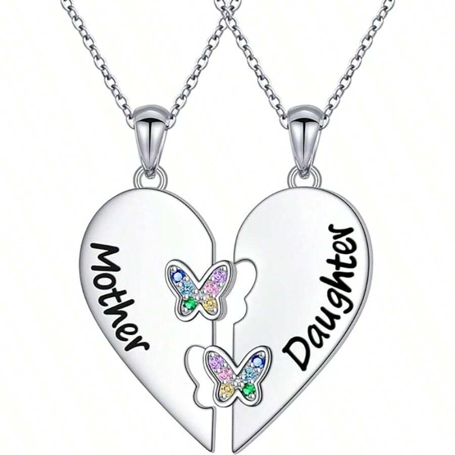 2pcs/Set Heart-Shaped Butterfly Pattern Gemstone Inlay Pendant Necklace, Fashion Mother's Day Jewelry Gift Valentines,Mom,Mother,Mother's Day,Gift