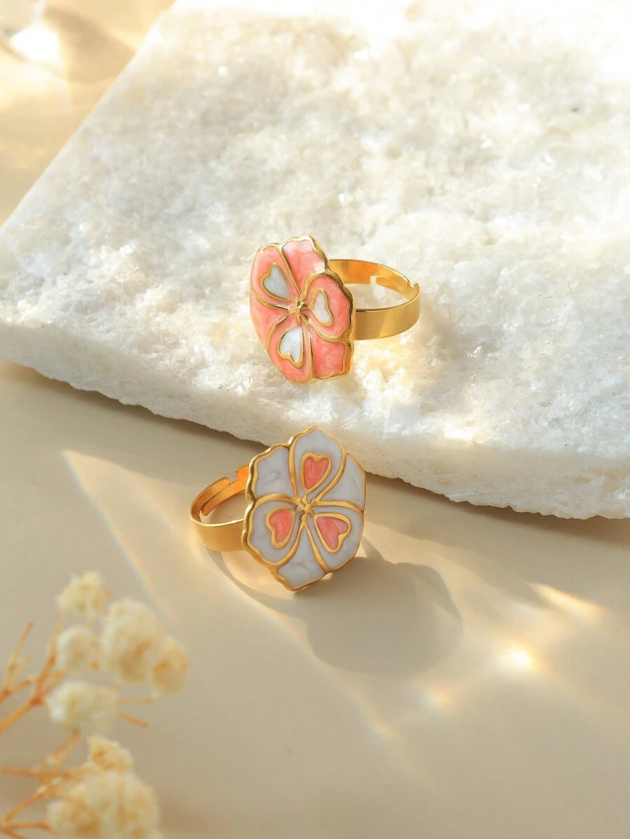 1pc Double-Color Drip Oil Heart Flower Ring For Women, Cute & Sweet Daily Versatile Band, Suitable For Everyday Wear And Gift