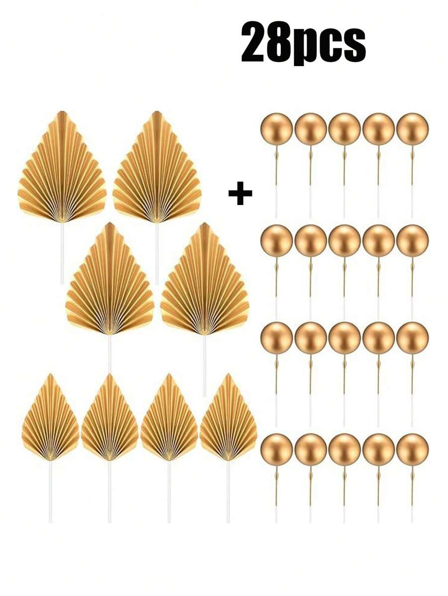 28pcs/1set Palm Leaf Cake Decorations, Gold Decoration Foam Balls, Bohemian Cake Decorations, Artificial Rose Ginkgo Leaves And Balls, Mini Paper Powder, Baked Dessert, Cake Decoration Supplies, Bohemian Flower Themed Party Supplies For Birthday, Wedding, Party